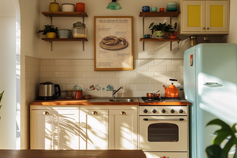 May include: A retro kitchen scene with a light blue refrigerator, white cabinets, and a vintage stove. Wooden shelves hold plants and jars. An orange kettle sits on the stove, and a framed poster hangs on the wall. The kitchen is bathed in sunlight.