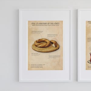 May include: Two framed prints on a white wall. The left print is titled "Anatomy of the Simit" and features a drawing of a simit bread on a wooden board. The right print is titled "The Turkish Tea System" and shows a teapot and a glass of tea.