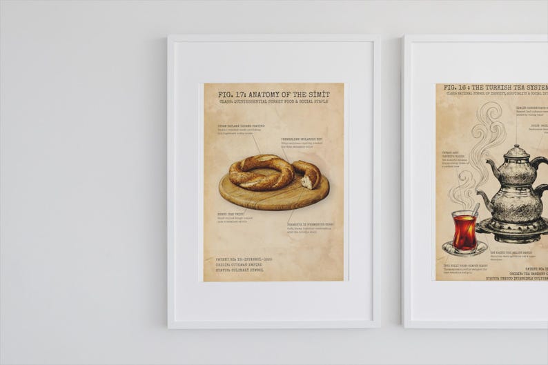 May include: Two framed prints on a white wall. The left print is titled "Anatomy of the Simit" and features a drawing of a simit bread on a wooden board. The right print is titled "The Turkish Tea System" and shows a teapot and a glass of tea.