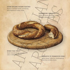 May include: Anatomy of the Simit diagram. The image shows a detailed illustration of a Turkish Simit, a circular bread covered in sesame seeds, on a wooden board. The diagram labels the parts of the bread.