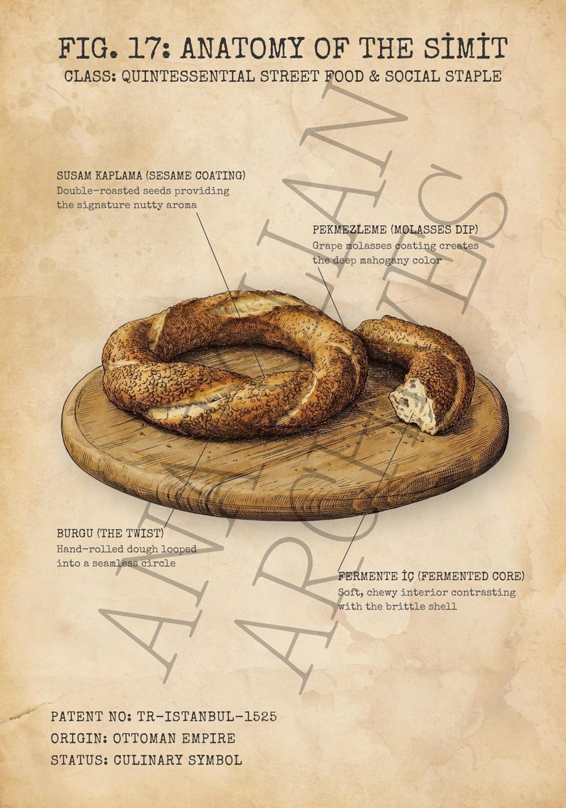 May include: Anatomy of the Simit diagram. The image shows a detailed illustration of a Turkish Simit, a circular bread covered in sesame seeds, on a wooden board. The diagram labels the parts of the bread.