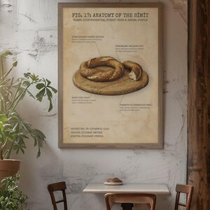May include: A framed print titled "Anatomy of the Simit" depicts a detailed illustration of the Turkish bagel, including its sesame seed coating and fermentation process. The print is displayed in a cafe setting with wooden chairs and a small table.
