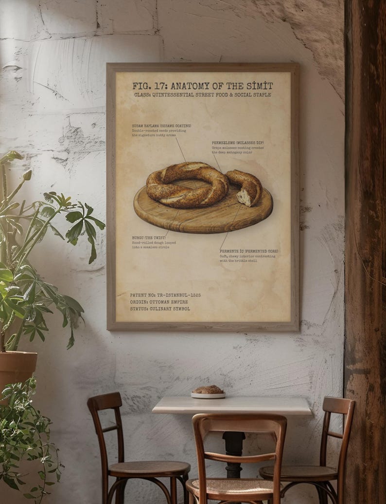 May include: A framed print titled "Anatomy of the Simit" depicts a detailed illustration of the Turkish bagel, including its sesame seed coating and fermentation process. The print is displayed in a cafe setting with wooden chairs and a small table.