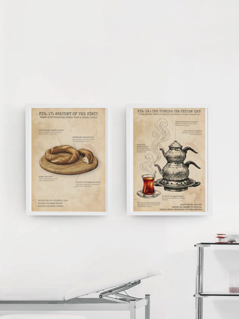 May include: Two framed prints on a white wall. The left print is titled "FIG. 17: ANATOMY OF THE SİMİT" and shows a drawing of a simit on a wooden board. The right print is titled "FIG. 16: THE TURKISH TEA SYSTEM (&Ccedil;AY)" and depicts a Turkish tea set.