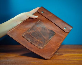 Handmade Leather iPad Sleeve with Phone Pocket, Minimal Tablet Case