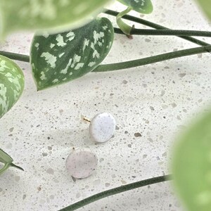 May include: Two round stud earrings with a speckled white and pink design. The earrings are set on gold posts and rest on a speckled white surface, with green plant leaves and stems in the background.