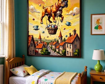 Art mural surréaliste, impression d'art numérique chien, promenade à l'heure du thé