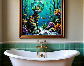 Art mural surréaliste, impression d'art chat sous-marin, ode à un rêveur aquatique