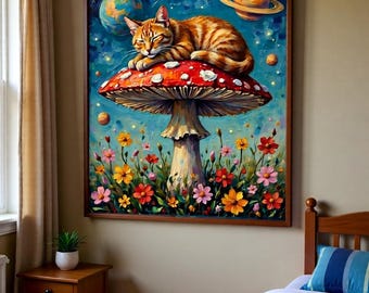 Impression d'art chat surréaliste, cosmic tabby sur champignon (téléchargement numérique)