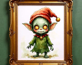 Impression d'art elfe de Noël effrayant – aquarelle lutin (téléchargement numérique)