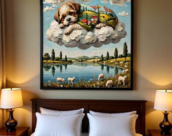 Art mural surréaliste, impression d'art numérique chien, chien Cloud Nine