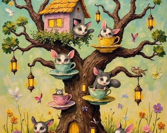 Art mural surréaliste, impression d'art numérique Possum, thé de l'après-midi des créatures de la forêt