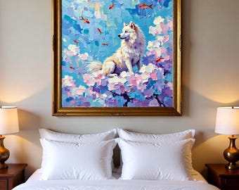 Art mural surréaliste, impression d'art chien sur nuage, où le poisson rouge