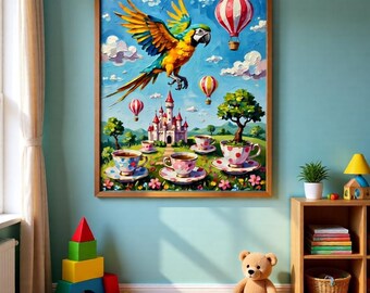 Art mural surréaliste, impression d'art numérique perroquet, thé et perroquets