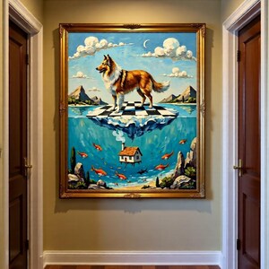 May include: A framed painting shows a collie dog on a checkered surface above water. The artwork includes a house, fish, mountains, and clouds against a blue sky. The painting is displayed in a hallway with wooden doors and a patterned rug.