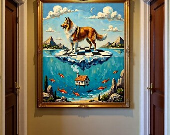 Art mural surréaliste, impression d'art chien sur damier, roi de la mer inversée