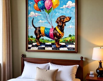 Art mural surréaliste, impression d'art numérique chien, vol de rêve d'un teckel