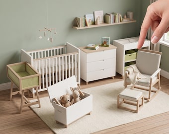 May include: Digital STL files for a miniature nursery set including a white and light wood crib, a dresser, a rocking chair with ottoman, a toy chest with plush toys, a bassinet, and a mobile. Text reads: DIGITAL STL FILES - NO PHYSICAL ITEM.