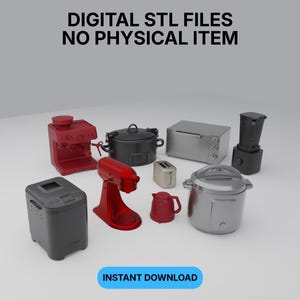 STL File - 1:12 Kitchen Appliance Bundle | Espresso Machine Blender Toaster Oven Bread Maker | Dollhouse Miniature 3D Print Files