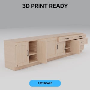 May include: A light-colored wooden cabinet with multiple doors and drawers, some open to reveal interior shelving. The cabinet has black handles and is labeled "3D PRINT READY" and "1:12 SCALE".