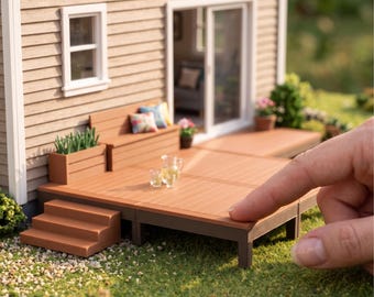 1:12 Scale Backyard Deck with Steps, Dollhouse Miniature STL & 3MF Files, Built-In Bench and Planter