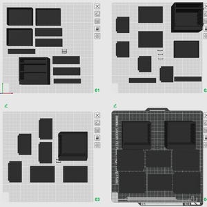 May include: A series of black, geometric shapes and assembled structures, likely components for a 3D printing project. The image includes various rectangular boxes, shelves, and flat pieces, arranged in different configurations, suggesting assembly instructions or design variations.