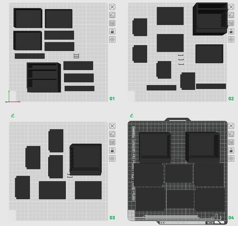 May include: A series of black, geometric shapes and assembled structures, likely components for a 3D printing project. The image includes various rectangular boxes, shelves, and flat pieces, arranged in different configurations, suggesting assembly instructions or design variations.