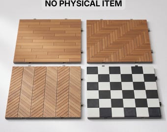 May include: Four square tiles featuring distinct patterns: one with horizontal wood planks, one with a herringbone wood design, one with a vertical chevron wood pattern, and one with a black and white checkerboard grid. Text reads: DIGITAL STL FILES NO PHYSICAL ITEM. INSTANT DOWNLOAD.