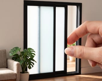May include: A miniature black sliding glass door frame with frosted panels, featuring the text DIGITAL STL FILES - NO PHYSICAL ITEM at the top and INSTANT DOWNLOAD at the bottom, designed for a dollhouse or scale model setting.