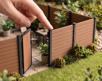 May include: A miniature model of a brown horizontal slat fence with black posts and a gate. The text DIGITAL STL FILES - NO PHYSICAL ITEM and INSTANT DOWNLOAD are visible. This is a digital file for 3D printing a small garden fence.