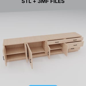 May include: A light-colored wooden cabinet with multiple doors and drawers, some open to reveal shelves. The text "STL + 3MF FILES" is at the top, and "1:12 SCALE" is at the bottom. The cabinet has black handles.