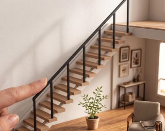 1:12 Scale Floating Staircase, Dollhouse Modern Stairs STL & 3MF Files, Open Riser Treads, Handrail