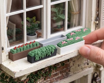 1:12 Scale Window Flower Boxes, Dollhouse Exterior STL & 3MF Files, Four Modern Boxes with Seasonal Drop-In Fills