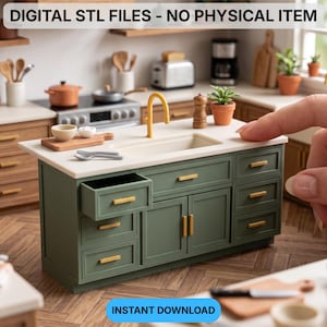 May include: A miniature kitchen island with a white countertop, a yellow faucet, and green cabinets featuring gold handles. One drawer is open. The text reads DIGITAL STL FILES - NO PHYSICAL ITEM and INSTANT DOWNLOAD.