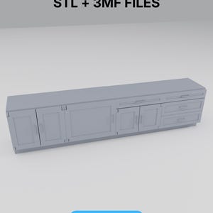 May include: A light gray, 3D-rendered kitchen cabinet model with doors, drawers, and a countertop. The text "STL + 3MF FILES" is at the top, and "1:12 SCALE" is in a blue rectangle at the bottom. This model is likely for miniature or dollhouse use.