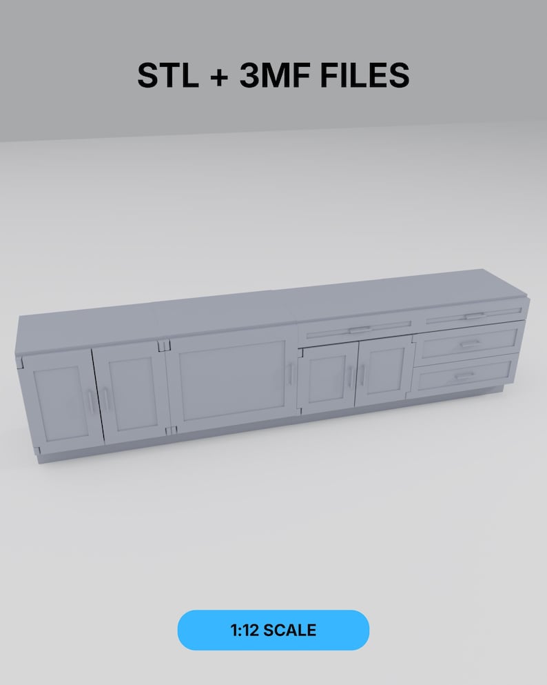 May include: A light gray, 3D-rendered kitchen cabinet model with doors, drawers, and a countertop. The text "STL + 3MF FILES" is at the top, and "1:12 SCALE" is in a blue rectangle at the bottom. This model is likely for miniature or dollhouse use.