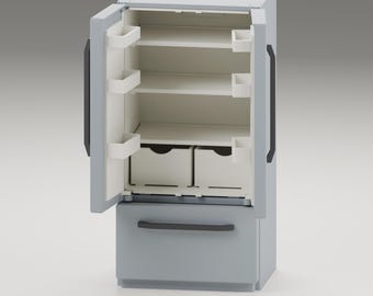 May include: A light gray refrigerator model with open doors, featuring white interior shelves, two bottom drawers, and dark gray handles. The text DIGITAL STL FILES - NO PHYSICAL ITEM and INSTANT DOWNLOAD is visible on the image.