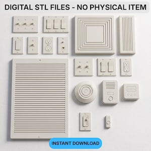 May include: A collection of light-colored 3D printable digital STL files for home hardware, including various light switches, electrical outlets, wall plates, vent covers, and a circular smoke detector. Text reads: DIGITAL STL FILES - NO PHYSICAL ITEM.