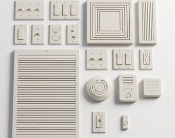 May include: A collection of light-colored 3D printable digital STL files for home hardware, including various light switches, electrical outlets, wall plates, vent covers, and a circular smoke detector. Text reads: DIGITAL STL FILES - NO PHYSICAL ITEM.
