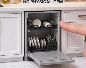 May include: A miniature gray dishwasher with an open door, containing small plates, glasses, and cutlery. Text reads: DIGITAL STL FILES NO PHYSICAL ITEM and INSTANT DOWNLOAD. The appliance is set between white kitchen cabinets.
