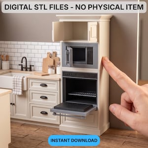 May include: A miniature kitchen unit featuring a tall cabinet with an open microwave and oven, alongside a sink area with white cabinets and a subway tile backsplash. The text reads DIGITAL STL FILES - NO PHYSICAL ITEM and INSTANT DOWNLOAD.
