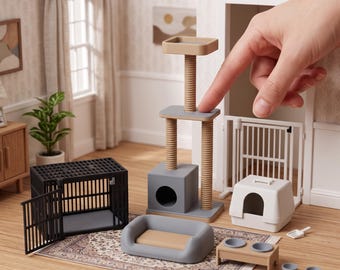 May include: A collection of miniature pet accessories including a black wire crate, a gray and tan cat tree, a gray pet bed, a white litter box with a scoop, and a tan feeding station with two bowls. Text reads: DIGITAL STL FILES - NO PHYSICAL ITEM.