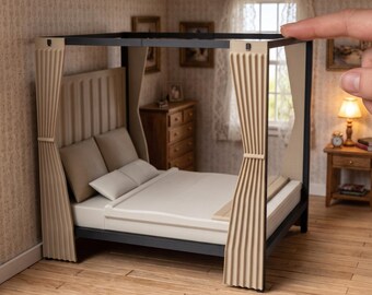 May include: A miniature four-poster bed with a dark frame, beige curtains, and white bedding. The text DIGITAL STL FILES - NO PHYSICAL ITEM and INSTANT DOWNLOAD are visible. This is a digital file for 3D printing, not a physical product.