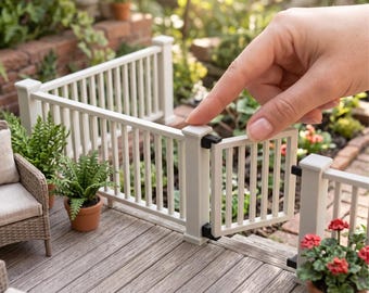 May include: A miniature white railing system with a hinged gate, designed for a dollhouse deck. The set includes vertical balusters and square posts. Text at the top reads DIGITAL STL FILES - NO PHYSICAL ITEM and at the bottom INSTANT DOWNLOAD.