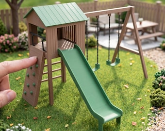 May include: A miniature brown and green wooden playset featuring a climbing wall with green grips, a green slide, and a swing set with two hanging seats. The text reads DIGITAL STL FILES - NO PHYSICAL ITEM and INSTANT DOWNLOAD.