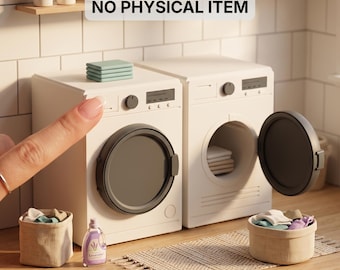 May include: Digital STL files for miniature white laundry appliances including a washer and dryer with dark gray circular doors, a small bottle of lavender detergent, two fabric baskets filled with miniature clothing, and a woven rug.