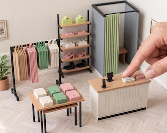 1:12 Scale Clothing Boutique, Dollhouse Shop STL & 3MF Files, Clothes Rack, Display Tables, Fitting Room, Shoe Wall