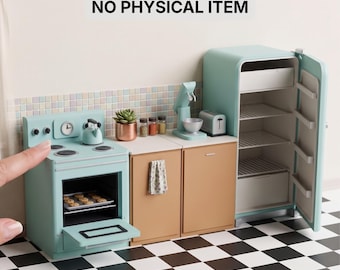 May include: A miniature kitchen set featuring a light blue stove with an open oven containing cookies, a light blue refrigerator with an open door, a stand mixer, a toaster, and two tan cabinets. Text reads: DIGITAL STL FILES NO PHYSICAL ITEM.