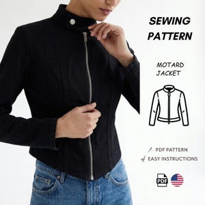 May include: A black jacket with a silver zipper and a snap button collar. The text reads SEWING PATTERN, MOTARD JACKET, PDF PATTERN, and EASY INSTRUCTIONS. A line drawing of the jacket, a PDF icon, and a United States flag icon are also visible.