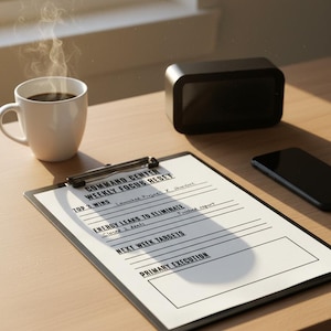 May include: A workspace scene featuring a white coffee mug with steam rising, a black digital clock, a smartphone, and a clipboard. The clipboard displays the text "COMMAND CENTER WEEKLY FOCUS RESET" with sections for tasks and goals. The items are on a wooden desk.